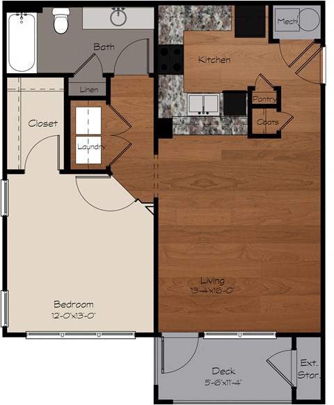 Floor plan for 1 bed, 1 bath, 726 sqft